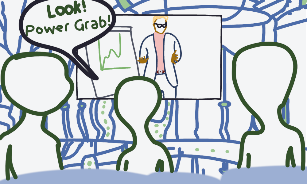 A terrible mspaint doodle of a family of aliens watching a man give a work presentation, saying 'Look! Power grab!'